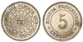 Moneda Republicana. Perú. 5 Centavos. 1879. Anv: REPUBLICA PERUANA- 1879. CINCO CENTAVOS, Sol en el centro. // Rev: MONEDA PROVISIONAL. 5 CENTAVOS. Co...