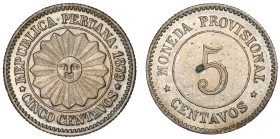Moneda Republicana. Perú. 5 Centavos. 1879. Anv: REPUBLICA PERUANA- 1879. CINCO CENTAVOS, Sol en el centro. // Rev: MONEDA PROVISIONAL. 5 CENTAVOS. Co...