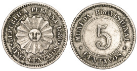 Moneda Republicana. Perú. 5 Centavos. 1880. Anv: REPUBLICA PERUANA- 1880. CINCO CENTAVOS, Sol en el centro. // Rev: MONEDA PROVISIONAL. 5 CENTAVOS. Co...