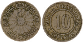 Moneda Republicana. Perú. 10 Centavos. 1879. Anv: REPUBLICA PERUANA- 1879. DIEZ CENTAVOS, Sol en el centro. // Rev: MONEDA PROVISIONAL. 10 CENTAVOS. C...
