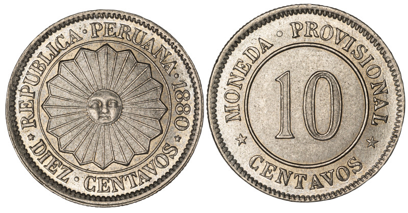 Moneda Republicana. Perú. 10 Centavos. 1880. Anv: REPUBLICA PERUANA- 1880. DIEZ ...