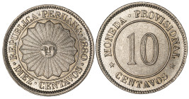 Moneda Republicana. Perú. 10 Centavos. 1880. Anv: REPUBLICA PERUANA- 1880. DIEZ CENTAVOS, Sol en el centro. // Rev: MONEDA PROVISIONAL. 10 CENTAVOS. C...