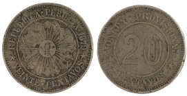 Moneda Republicana. Perú. 20 Centavos. 1879. Anv: REPUBLICA PERUANA- 1879. VEINTE CENTAVOS, Sol en el centro. // Rev: MONEDA PROVISIONAL. 20 CENTAVOS....