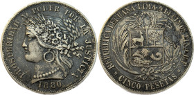 Moneda Republicana. Perú. 5 Pesetas. 1880. B.F. LIMA. Anv: Busto de mujer mirando hacia la izquierda. PROSPERIDAD Y PODER POR LA JUSTICIA. 1880. // Re...