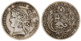 Moneda Republicana. Perú. 5 Pesetas. 1880. B.F. LIMA. Anv: Busto de mujer mirando hacia la izquierda. PROSPERIDAD Y PODER POR LA JUSTICIA. 1880. // Re...