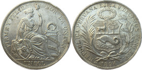 Moneda Republicana. Perú. 1 Sol. 1894. T.F. LIMA. Anv: REPUBLICA PERUANA . LIMA- 9 DECIMOS FINO T.F. 1894. Escudo de Perú. // Rev: FIRME Y FELIZ POR L...