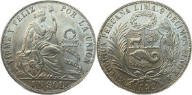 Moneda Republicana. Perú. 1 Sol. 1892. T.F. LIMA. Anv: REPUBLICA PERUANA . LIMA- 9 DECIMOS FINO T.F. 1892. Escudo de Perú. // Rev: FIRME Y FELIZ POR L...