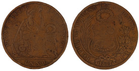 Moneda Republicana. Perú. 1 Sol. 1871. Y.J. LIMA. Anv: REPUBLICA PERUANA . LIMA- 9 DECIMOS FINO Y.J. 1871. Escudo de Perú. // Rev: FIRME Y FELIZ POR L...