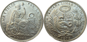 Moneda Republicana. Perú. 1 Sol. 1915. F.G. LIMA. Anv: REPUBLICA PERUANA . LIMA- 9 DECIMOS FINO F.G. 1915. Escudo de Perú. // Rev: FIRME Y FELIZ POR L...