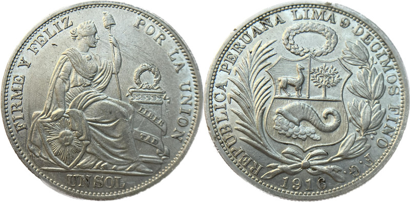 Moneda Republicana. Perú. 1 Sol. 1916. F.G. LIMA. Anv: REPUBLICA PERUANA . LIMA-...