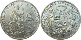 Moneda Republicana. Perú. 1 Sol. 1916. F.G. LIMA. Anv: REPUBLICA PERUANA . LIMA- 9 DECIMOS FINO F.G. 1916. Escudo de Perú. // Rev: FIRME Y FELIZ POR L...