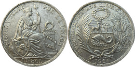 Moneda Republicana. Perú. 1 Sol. 1924. LIMA. Anv: REPUBLICA PERUANA . LIMA- 5 DECIMOS FINO 1924. Escudo de Perú. // Rev: FIRME Y FELIZ POR LA UNIÓN. M...