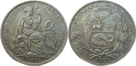 Moneda Republicana. Perú. 1 Sol. 1925. LIMA. Anv: REPUBLICA PERUANA . LIMA- 5 DECIMOS FINO 1925. Escudo de Perú. // Rev: FIRME Y FELIZ POR LA UNIÓN. M...