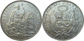 Moneda Republicana. Perú. 1 Sol. 1930. LIMA. Anv: REPUBLICA PERUANA . LIMA- 5 DECIMOS FINO 1930. Escudo de Perú. // Rev: FIRME Y FELIZ POR LA UNIÓN. M...