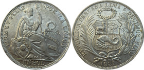 Moneda Republicana. Perú. 1 Sol. 1931. LIMA. Anv: REPUBLICA PERUANA . LIMA- 5 DECIMOS FINO 1931. Escudo de Perú. // Rev: FIRME Y FELIZ POR LA UNIÓN. M...