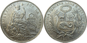 Moneda Republicana. Perú. 1 Sol. 1933. LIMA. Anv: REPUBLICA PERUANA . LIMA- 5 DECIMOS FINO 1933. Escudo de Perú. // Rev: FIRME Y FELIZ POR LA UNIÓN. M...