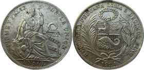 Moneda Republicana. Perú. 1 Sol. 1934. LIMA. Anv: REPUBLICA PERUANA . LIMA- 5 DECIMOS FINO 1934. Escudo de Perú. // Rev: FIRME Y FELIZ POR LA UNIÓN. M...