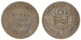 Moneda Republicana. Perú. 1 Sol. 1910. Anv: Escudo. ÓBOLO POPULAR PATRIÓTICO. // Rev: Perú. 1910. UN SOL. Ag. 1,26 gr. KM# Tn1. MBC. Salida: 10