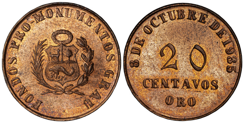 Óbolo Popular Patriótico. Perú. 20 Centavos Oro. 1935. Anv: Escudo de Perú. FOND...