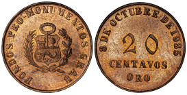 Óbolo Popular Patriótico. Perú. 20 Centavos Oro. 1935. Anv: Escudo de Perú. FONDOS PRO MONUMENTOS GRAU. // Rev: 20 CENTAVOS ORO. 8 de octubre de 1935....