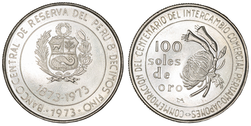 Moneda Republicana. Perú. 100 Soles de Oro. 1973. LIMA. Anv: Armas nacionales. B...