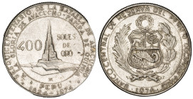 Moneda Republicana. Perú. 400 Soles de Oro. 1976. LIMA. Anv: Armas nacionales. BANCO CENTRAL DE RESERVA DEL PERÚ 9 DÉCIMOS FINO 1976. // Rev: Valor fa...