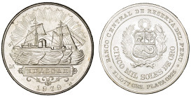 Moneda Republicana. Perú. 5.000 Soles de Oro. 1979. Anv: Armas y valor. BANCO CENTRAL DE RESERVA DEL PERÚ. CINCO MIL SOLES DE ORO. // Rev: El Huáscar,...