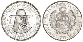 Moneda Republicana. Perú. 50 Soles de Oro. 1971. LIMA. Anv: Escudo de armas de Perú. BANCO CENTRAL DE RESERVA DEL PERÚ 8 DECIMOS FINO 1971. // Rev: Bu...