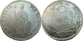 Moneda Republicana. Perú. 4 Reales. 1844. M. PASCO. Anv: REPUBLICA PERUANA PASCO · 4R · M · 1844. Escudo de Perú. // Rev: FIRME Y FELIZ POR LA UNIÓN. ...