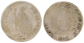 Moneda Republicana. Perú. 4 Reales. 1844. M. PASCO. Anv: REPUBLICA PERUANA PASCO · 4R · M · 1844. Escudo de Perú. // Rev: FIRME Y FELIZ POR LA UNIÓN. ...