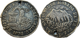 Medalla. Bolivia. Medalla-Módulo de 2 Soles. 1853. PAZ. Anv: CASA NACIONAL DE LA MONEDA DE LA PAZ. Paisaje. // Rev: ERIJIDA POR EL J. MANUEL Y. BELZU ...