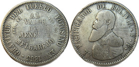 Medalla. Bolivia. Medalla-Módulo de 1 Melgarejo. 1865. POTOSI. Anv: GRATITUD DEL PUEBLO POTOSINO EN 1865. AL VALOR DEL JENERAL MELGAREJO. // Rev: AL P...