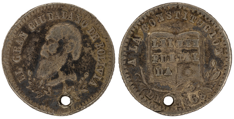 Medalla. Bolivia. Medalla-Módulo de ⅛ de Melgarejo. 1868. POTOSI. Anv: EL GRAN C...