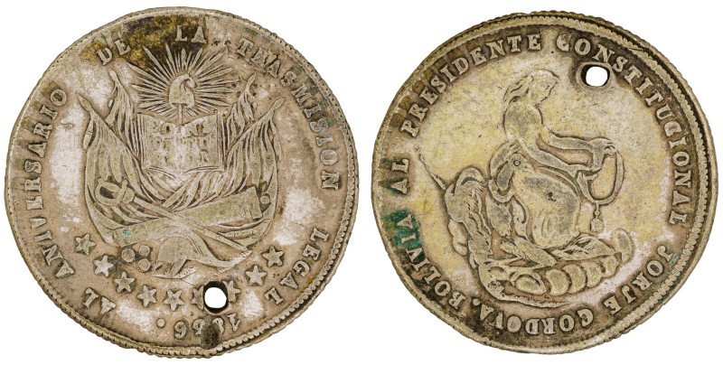 Medalla. Bolivia. 1886. POTOSI. Anv: BOLIVIA AL PESIDENTE CONSTITUCIONAL JORGE C...