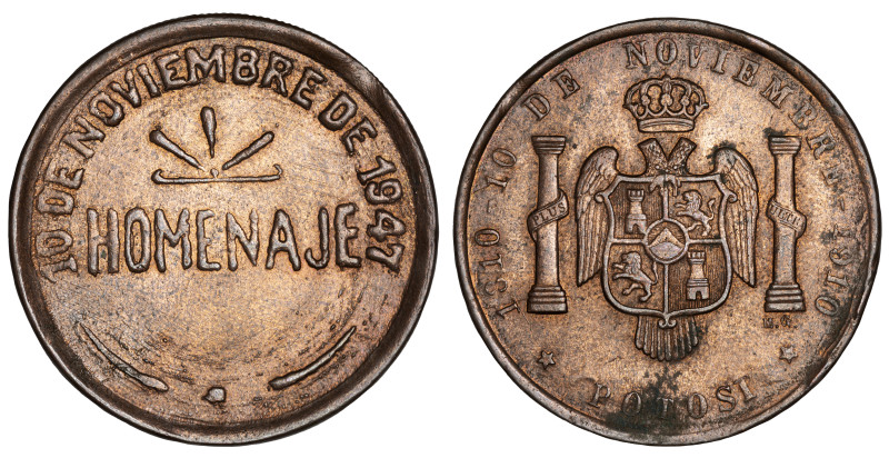 Medalla. Bolivia. 1947. POTOSI. Anv: 1810. 10 DE NOVIEMBRE DE 1910 / POTOSÍ. En ...