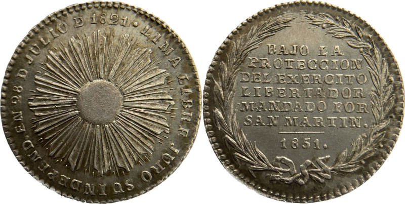 Medalla. Perú. 1851. LIMA. Anv: LIMA JURÓ SU INDEPEND. EN 28 DE JULIO DE 1821. S...