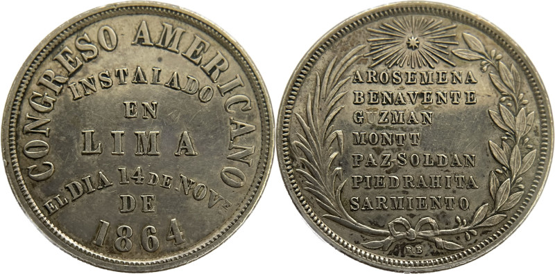 Medalla. Perú. 1864. LIMA. Anv: CONGRESO AMERICANO / INSTALADO / EN / LIMA / EL ...