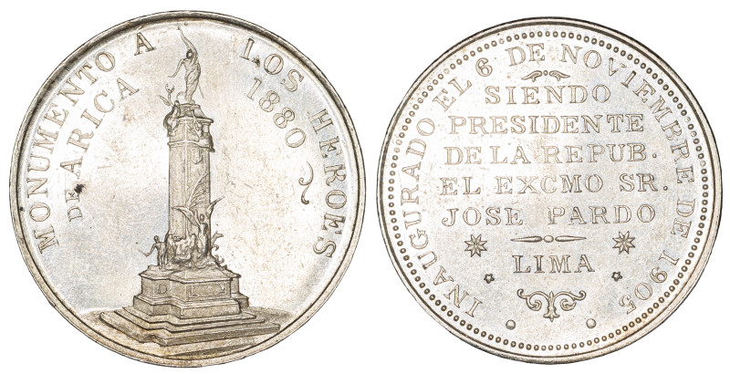 Medalla. Perú. 1905. LIMA. Anv: INAUGURADO EL 6 DE NOVIEMBRE DE 1905. SIENDO / P...