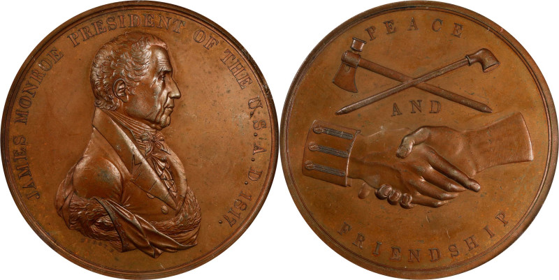 "1817" James Monroe Indian Peace Medal. Bronze. First Size. Julian IP-8, Prucha-...