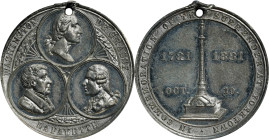 1881 Yorktown Monument Medal. Musante GW-965, Baker-453B, HK-Unlisted, socalleddollar.com-270a. White Metal. AU-58 (PCGS).
32 mm. Pierced for suspens...