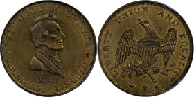 1860 Abraham Lincoln Campaign Medal. DeWitt-AL 1860-43, Cunningham 1-560B, King-42. Brass. MS-62 (PCGS).
28 mm.

Estimate: $200