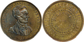 1860 Abraham Lincoln Campaign Medal. DeWitt-AL 1860-52, Cunningham 1-630B, King-49. Brass. MS-64 (NGC).
27 mm.

Estimate: $400