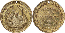 Undated (ca. 1840s) Old Oaken Bucket Temperance Token. Gilt. Reeded Edge. MS-64 PL (NGC).
25 mm. Pierced for suspension. Obv: Man drinking from well,...