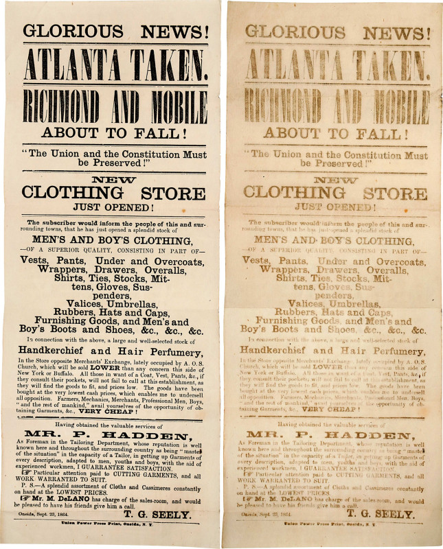 NEW YORK. Oneida. Undated (1864) Broadside Advertising the Opening of a New Clot...