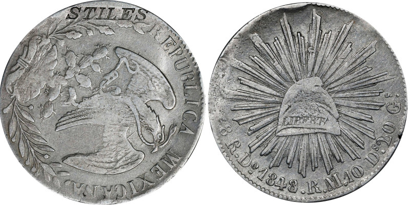 STILES on the reverse of a Mexico 1848-Do 8 reales. Brunk-Unlisted, Rulau-Unlist...
