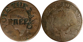 VOTE THE LAND / FREE multiple times on the obverse of an 1826 Matron Head cent. Brunk V-110, Rulau-Y1, HT-833, DeWitt-MVB 1848-3. Host coin Good.

E...