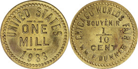 1933 William F. Dunham Souvenir Token from the Chicago World's Fair. Brass. Plain Edge. About Uncirculated.
26.3 mm. Obv: Multi-line inscription UNIT...