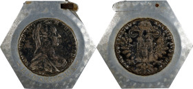 Lighter made with (2) Austria Maria Theresa talers. Extremely Fine.
66.5 mm x 61.5 mm x 16 mm, hexagon shape. Base metal lighter with two Maria There...