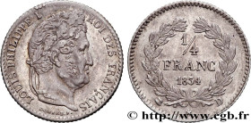LOUIS-PHILIPPE I
Type : 1/4 franc Louis-Philippe 
Date : 1834 
Mint name / Town : Lyon 
Quantity minted : 30332 
Metal : silver 
Millesimal fineness :...