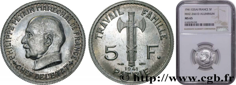 FRENCH STATE
Type : Essai de 5 francs Pétain en aluminium, 3e projet de Bazor (t...